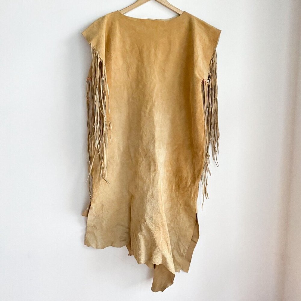 Vintage Handmade Suede Asymmetrical Hem Fringe Bead Detail Boho Simple Dress L - Picture 4 of 8